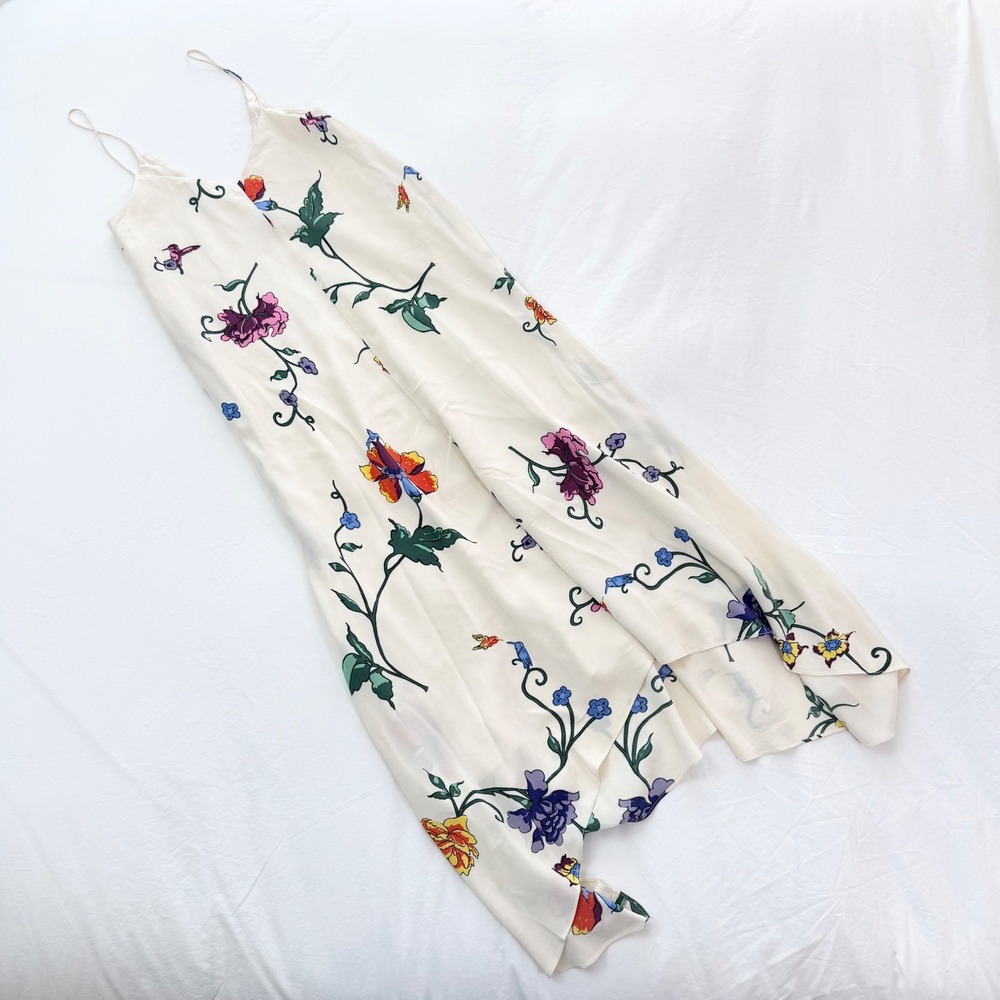 Tibi Strappy Handkerchief Floral Silk Maxi Dress Opal Beige Multi Size 0 - Picture 2 of 7